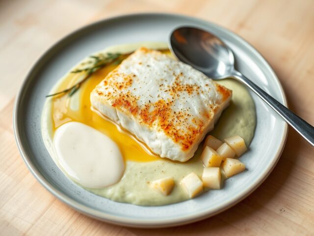 Kabeljauw met lente-ui puree en mosterdsaus