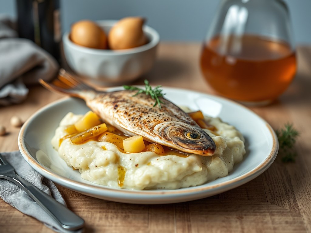 Kabeljauw met lente-ui puree en mosterdsaus, AI-gegenereerde illustratie