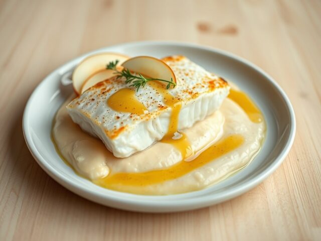 Kabeljauw met mosterdsaus, appel en knolselder