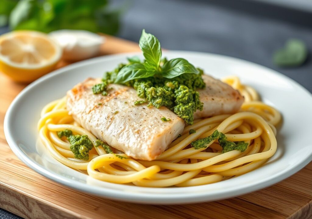 Kabeljauw met pasta — AI-gegenereerde illustratie