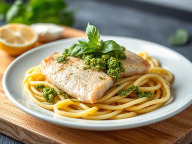 Kabeljauw met pasta — AI-gegenereerde illustratie