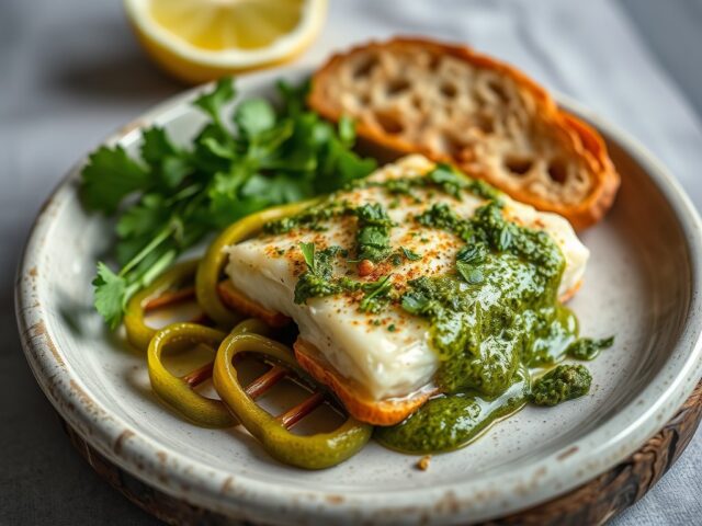 Kabeljauw met pesto-kruidenkorst en (zie opm)