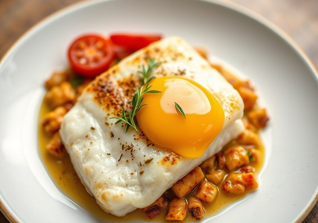 Kabeljauw met schubben van chorizo, AI-gegenereerde illustratie