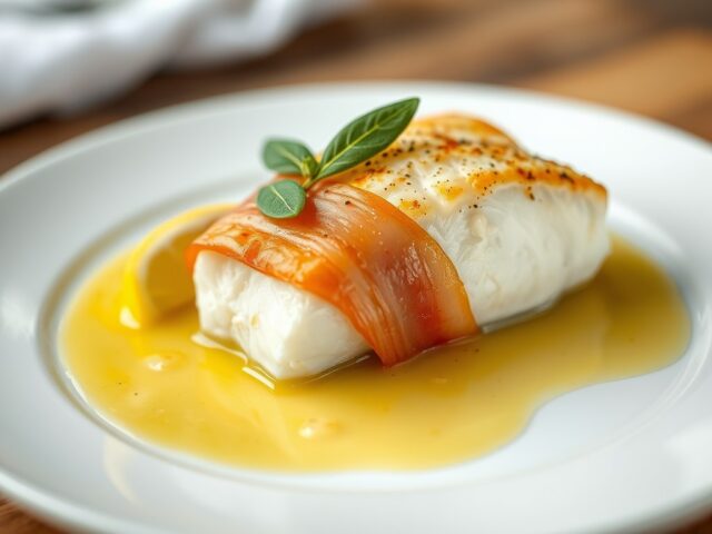 Kabeljauw met serranoham en saliejus