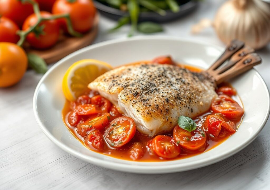 Kabeljauw met Tomatensaus — AI-gegenereerde illustratie