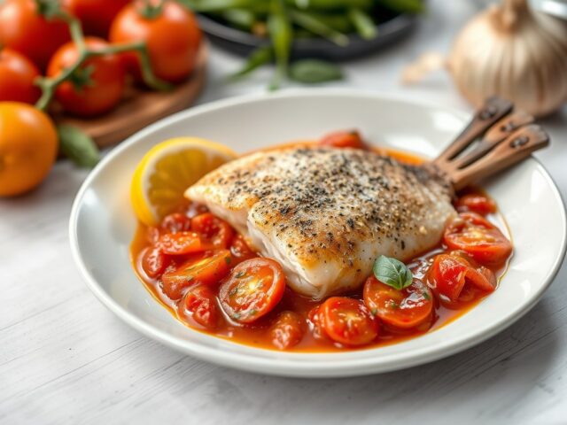 Kabeljauw met Tomatensaus — AI-gegenereerde illustratie
