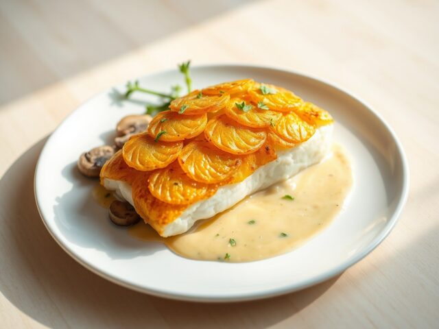 Kabeljauwfilet in een Aardappeljasje met Mosterdsa