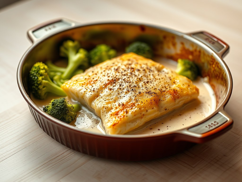 Kabeljauwfilet met broccoli, AI-gegenereerde illustratie