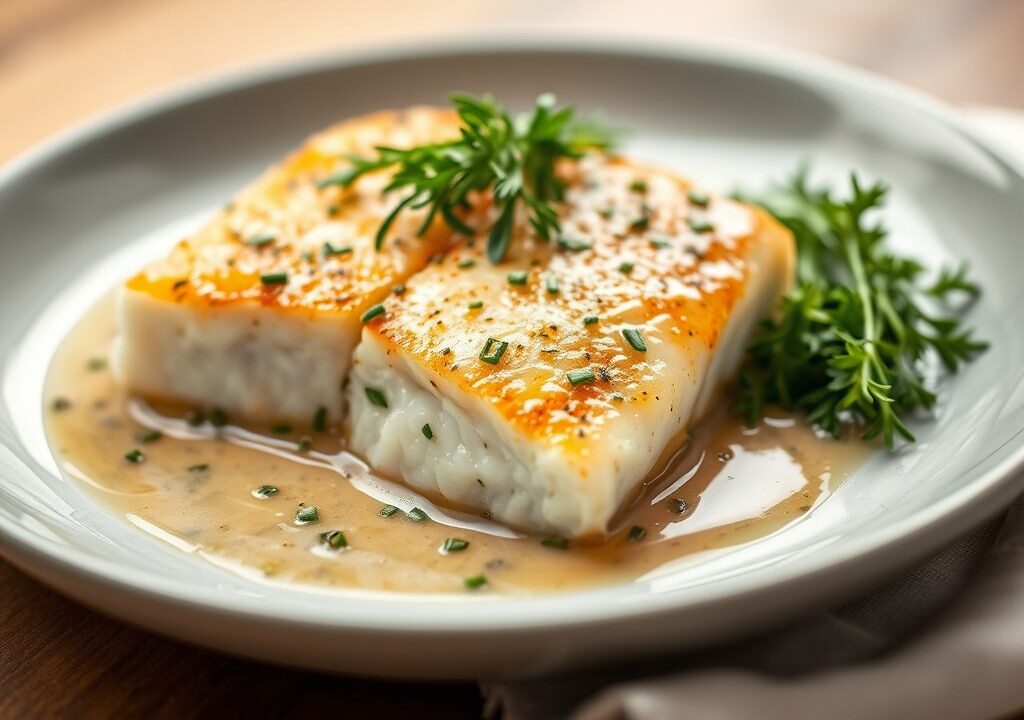 Kabeljauwfilet met fijne kruidensaus, AI-gegenereerde illustratie