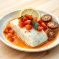 Kabeljauwfilet met saus van tomaat en amandes