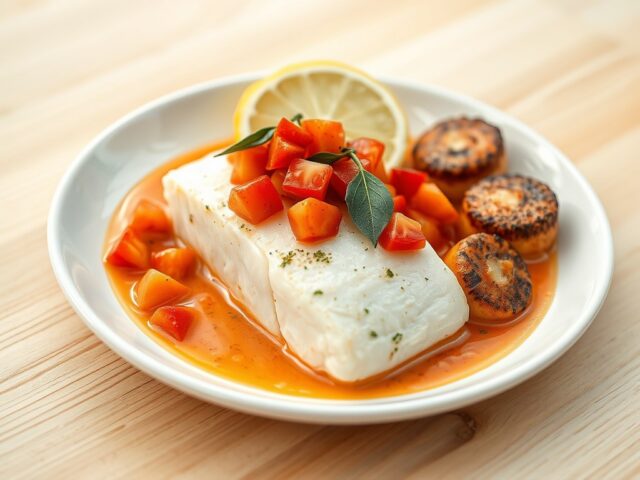 Kabeljauwfilet met saus van tomaat en amandes