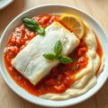 Kabeljauwfilet met tomatensaus en pureerand