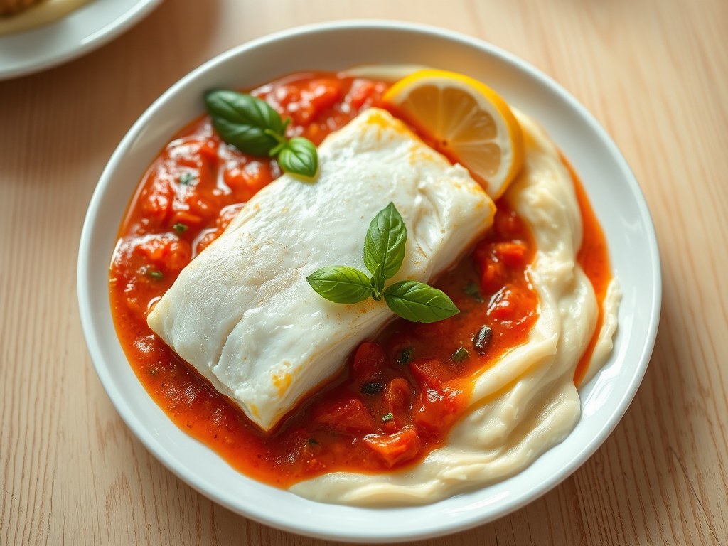 Kabeljauwfilet met tomatensaus en pureerand, AI-gegenereerde illustratie