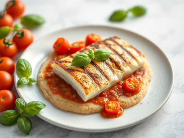 Kabeljauwfilet met tomatensaus en pureerand — AI-gegenereerde illustratie