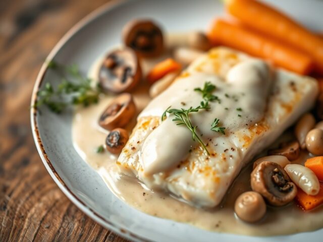 kabeljauwfilets met boursinsaus en groentjes