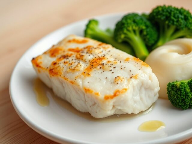 Kabeljauwhaasje met broccoli en aardappelpuree