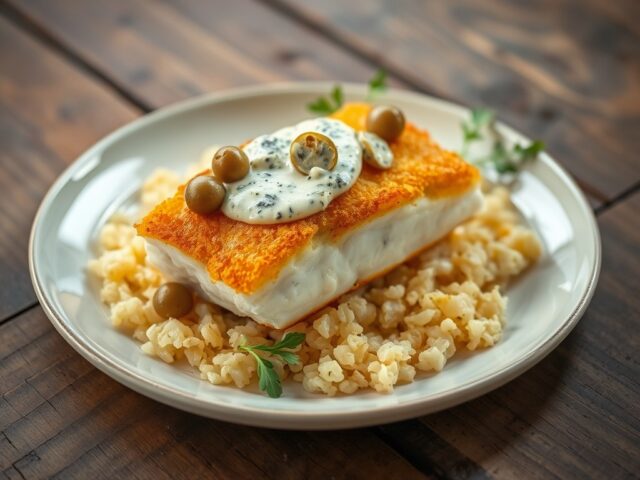 Kabeljauwhaasje met gorgonzola op een bedje van zuurkool