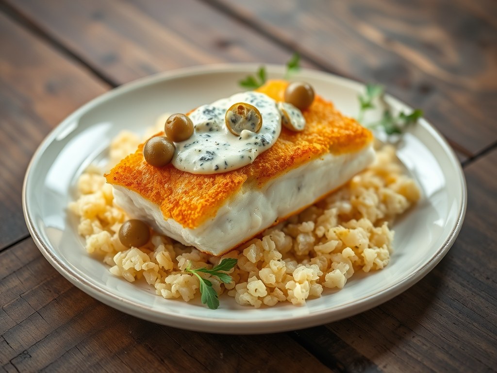 Kabeljauwhaasje met gorgonzola op een bedje van zuurkool, AI-gegenereerde illustratie
