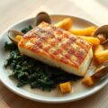 Kabeljauwrug boerenkool, aardappelstaafjes met ui
