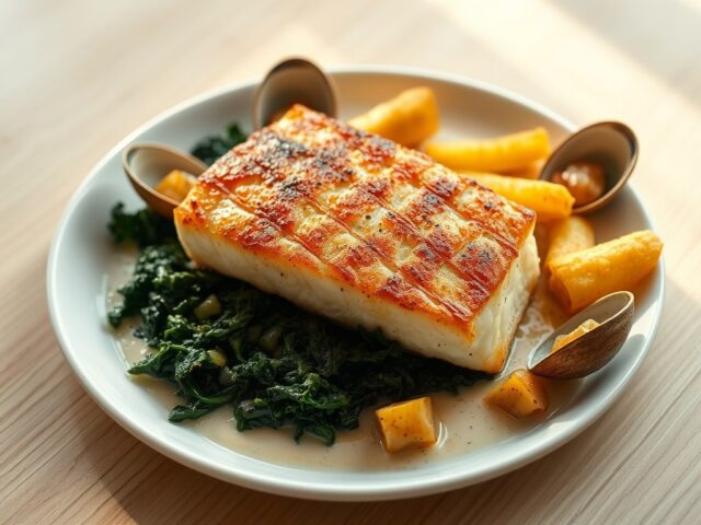 Kabeljauwrug boerenkool, aardappelstaafjes met ui