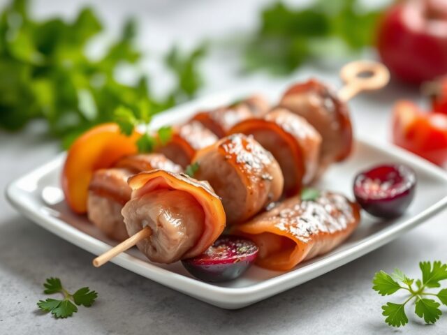 Kalfsbrochette met pruimen en spek