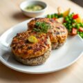 Kalfsburgers met dille en augurkjes, doperwtjes met rode paprika