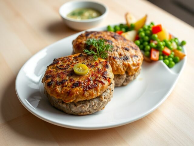 Kalfsburgers met dille en augurkjes, doperwtjes met rode paprika