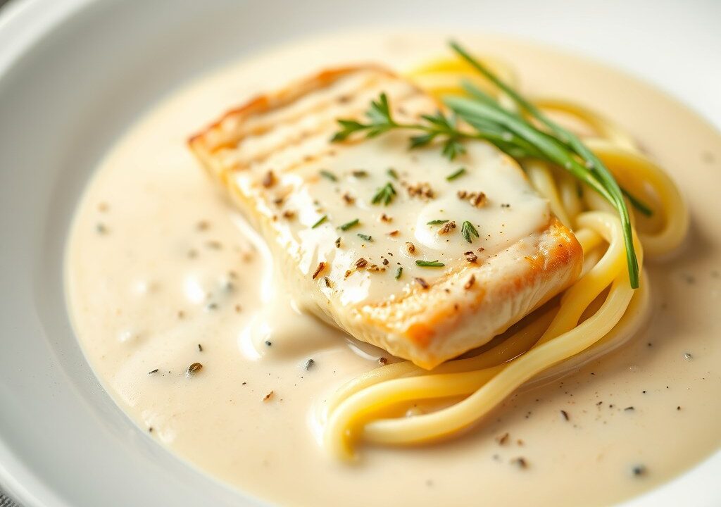 Kalfsfilet in roomsaus (Emince de veau a  la creme), AI-gegenereerde illustratie