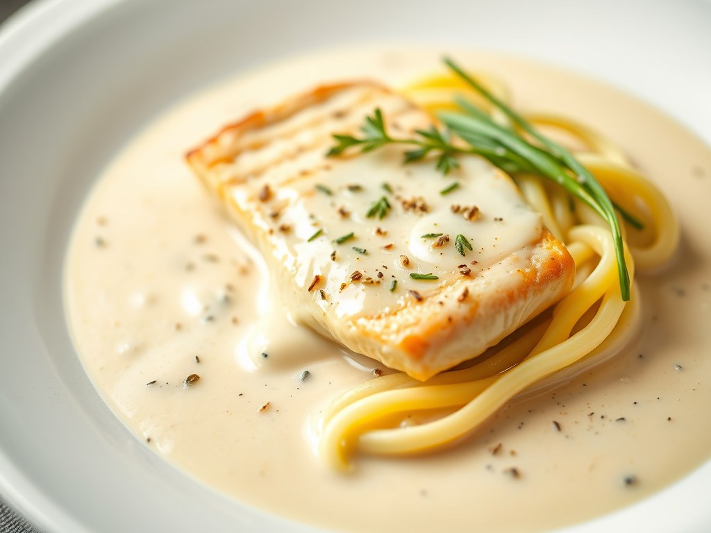 Kalfsfilet in roomsaus (Emince de veau a  la creme), AI-gegenereerde illustratie