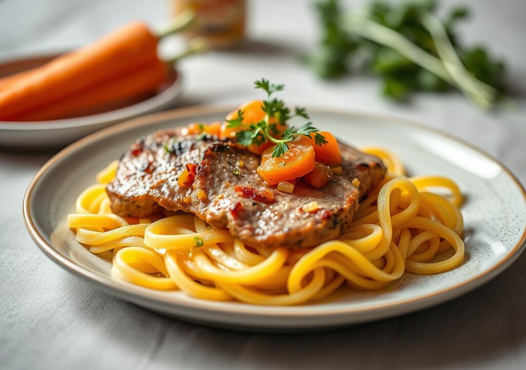 Kalfsfilet met truffelpapardelle met jonge wortel, AI-gegenereerde illustratie