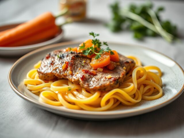 Kalfsfilet met truffelpapardelle met jonge wortel — AI-gegenereerde illustratie