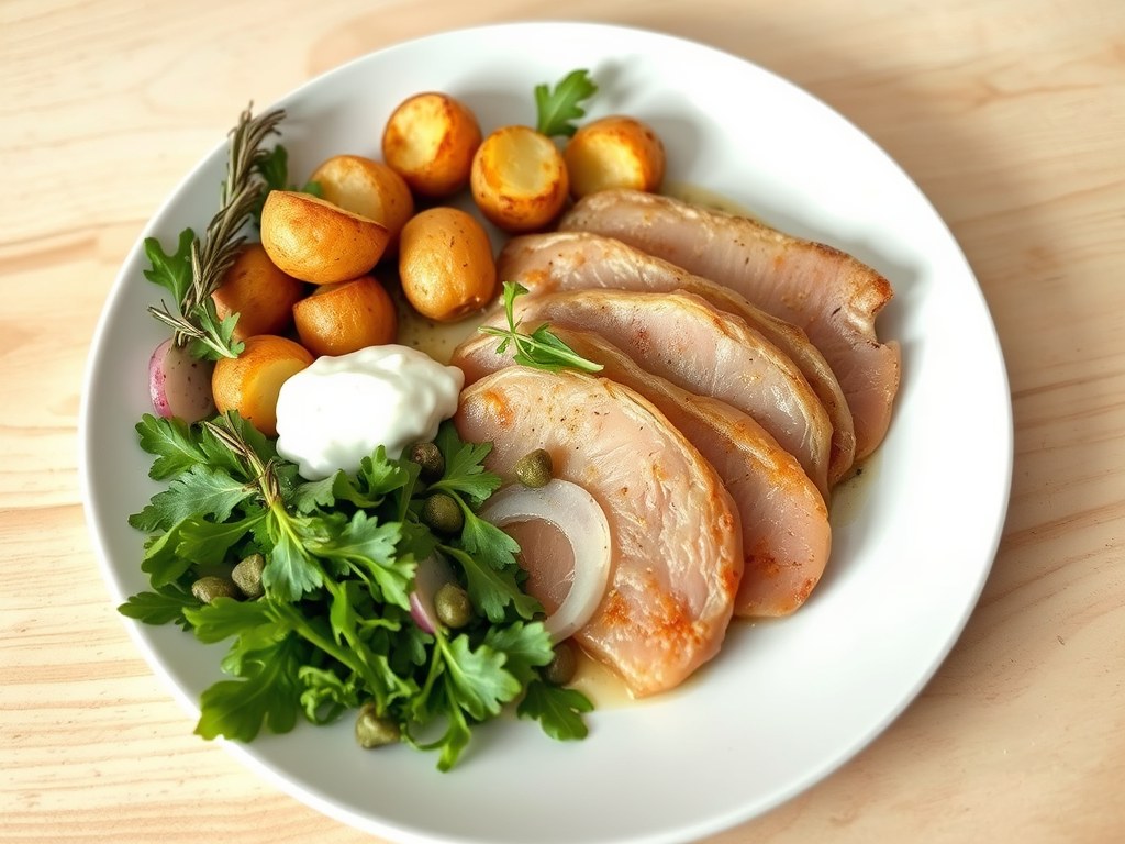 Kalfslapjes met geroosterde aardappeltjes, AI-gegenereerde illustratie