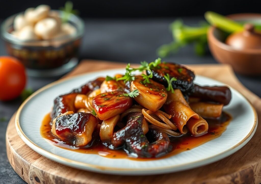 Kalfslende met een saus van aceto balsamico en runderrookvlees, AI-gegenereerde illustratie