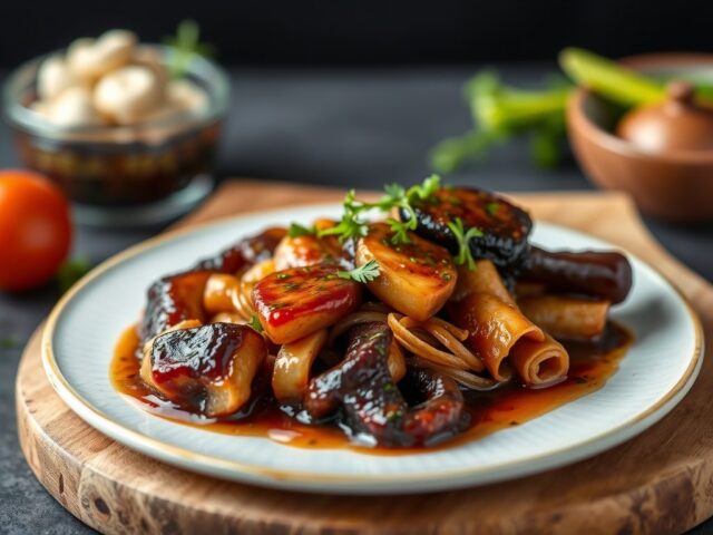 Kalfslende met een saus van aceto balsamico en runderrookvlees