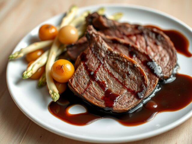 Kalfslever met balsamico, uitjes en asperges