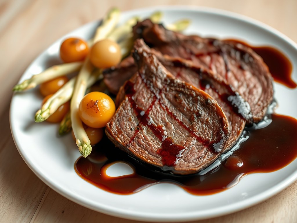 Kalfslever met balsamico, uitjes en asperges, AI-gegenereerde illustratie
