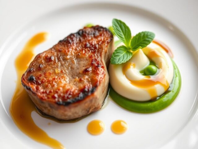 Kalfsmedaillon met aardappelmousseline en erwtenpuree