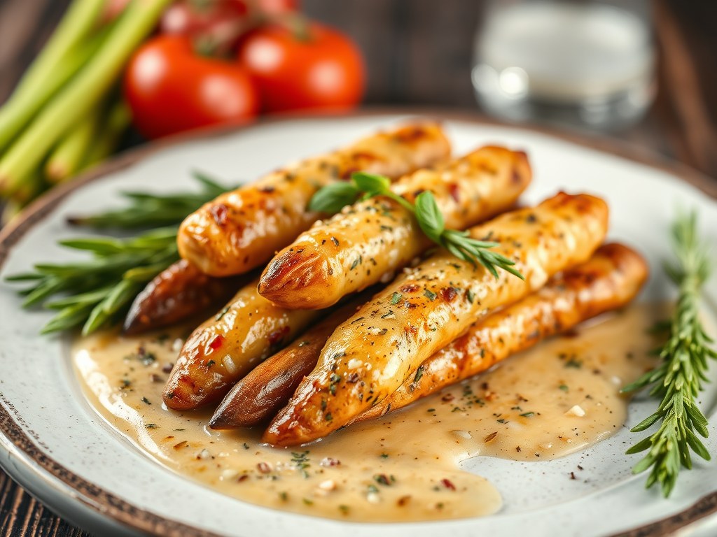 Kalfsoesters met asperges, AI-gegenereerde illustratie