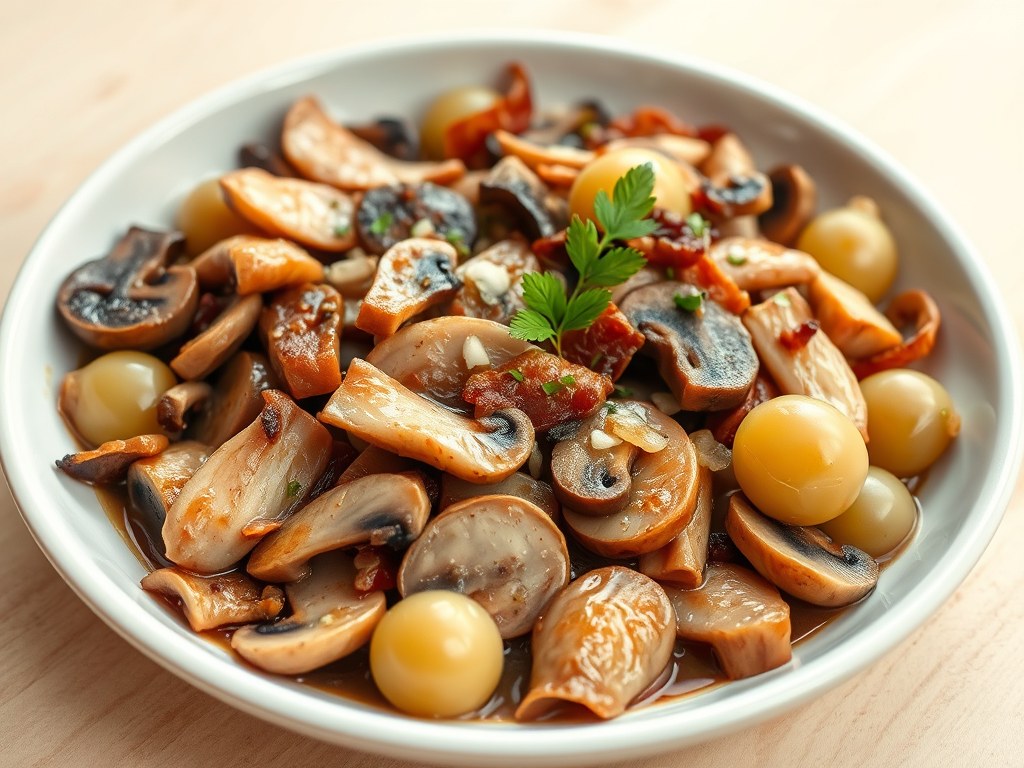 Kalfsreepjes met champignons en druiven, AI-gegenereerde illustratie
