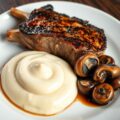 Kalfsribstuk met aardappelmousseline en geglaceerde champignons