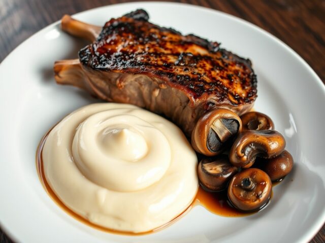 Kalfsribstuk met aardappelmousseline en geglaceerde champignons