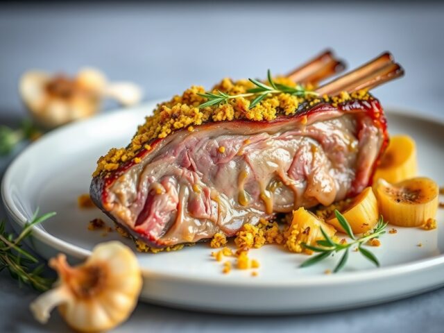 Kalfsribstuk met mosterdkruim, gekonfijte knoflook