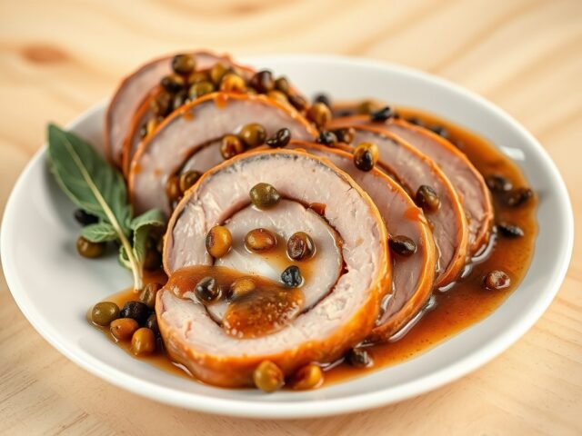 Kalfsrollade met rode en groene peperbessen