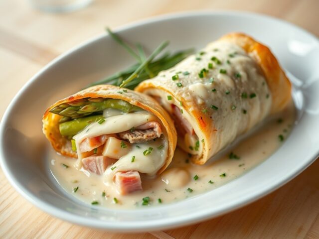 Kalfsrolletje gevuld met asperges, kaas en ham