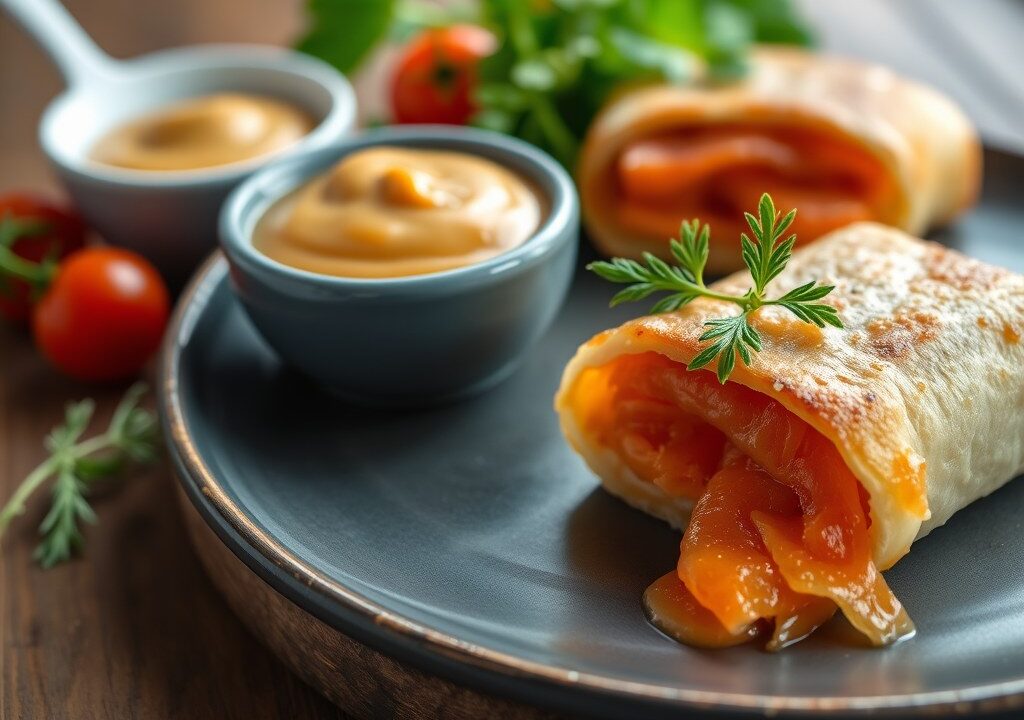 Kalfsrolletjes met gerookte zalm en oesterzwammensaus, AI-gegenereerde illustratie