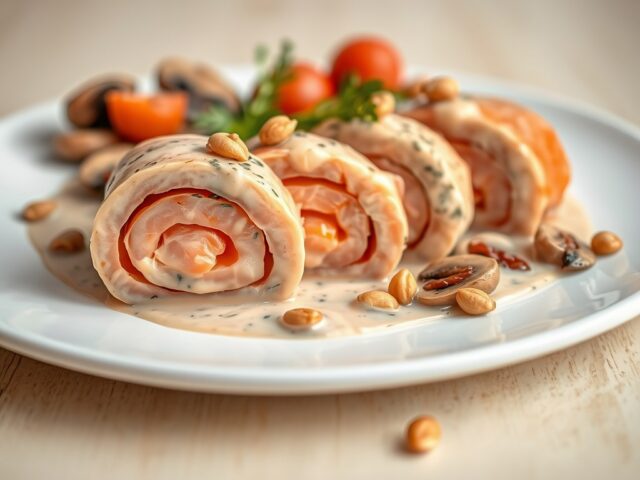 Kalfsrolletjes met gerookte zalm en oesterzwammensaus