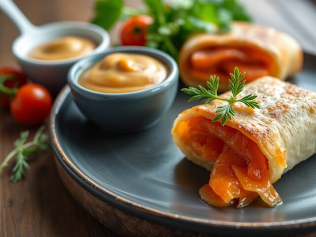 Kalfsrolletjes met gerookte zalm en oesterzwammensaus — AI-gegenereerde illustratie