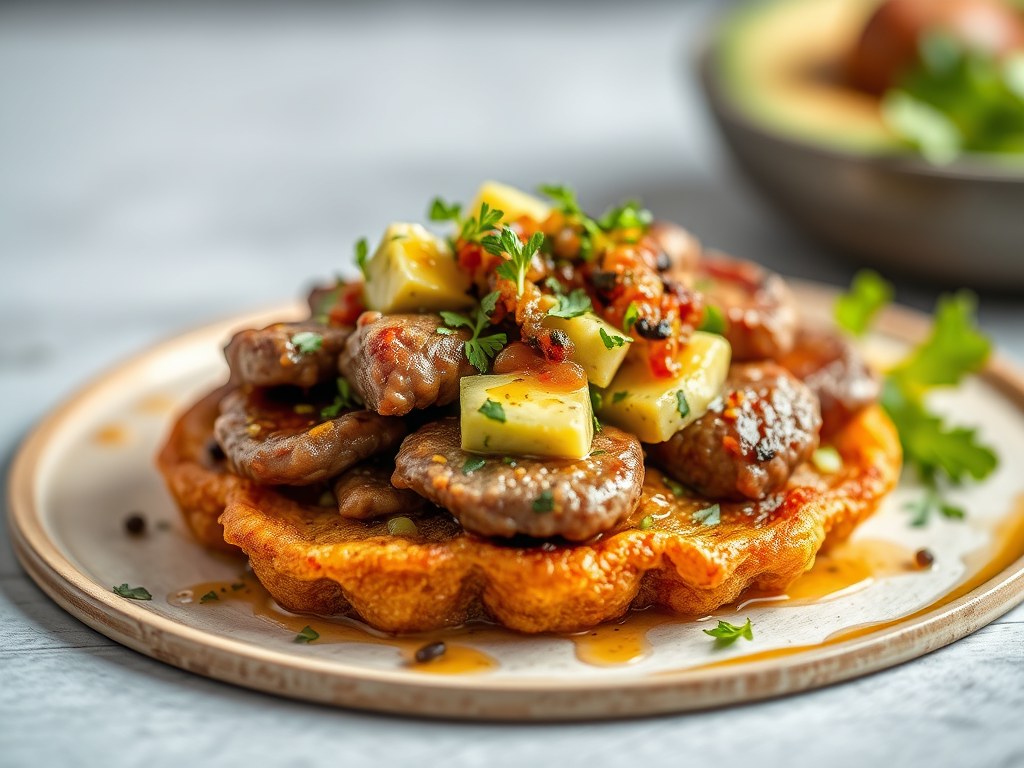 Kalfssteak tartaar met gerookte avocado, brochetta, AI-gegenereerde illustratie