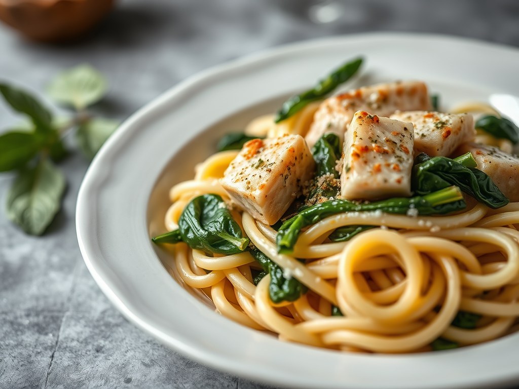Kalfsvlees met pasta en spinazie, AI-gegenereerde illustratie