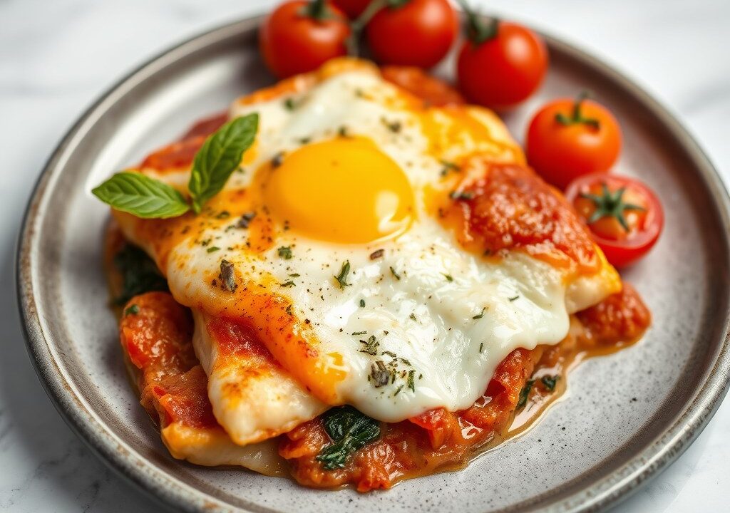 Kalfsvlees Parmigiana met trostomaat, AI-gegenereerde illustratie